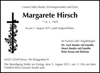 Traueranzeige von Margarete Hirsch von Rüsselsheimer Echo, Groß-Gerauer-Echo, Ried Echo