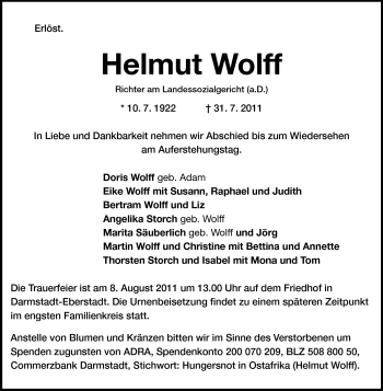 Traueranzeige von Helmut Wolff von Echo-Zeitungen (Gesamtausgabe)