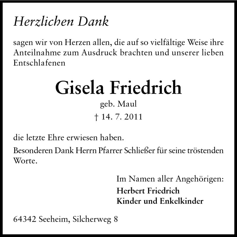  Traueranzeige für Gisela Friedrich vom 06.08.2011 aus Darmstädter Echo, Odenwälder Echo, Rüsselsheimer Echo, Groß-Gerauer-Echo, Ried Echo