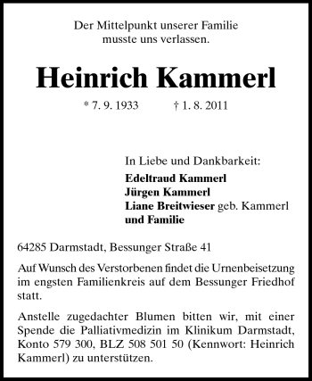 Traueranzeige von Heinrich Kammerl von Darmstädter Echo, Odenwälder Echo, Rüsselsheimer Echo, Groß-Gerauer-Echo, Ried Echo
