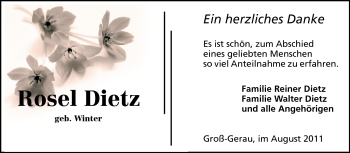 Traueranzeige von Rosel Dietz von Rüsselsheimer Echo, Groß-Gerauer-Echo, Ried Echo