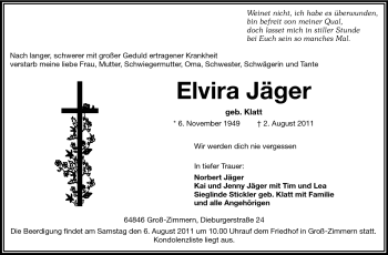 Traueranzeige von Elvira Jäger von Echo-Zeitungen (Gesamtausgabe)