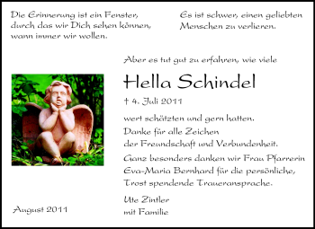 Traueranzeige von Hella Schindel von Rüsselsheimer Echo, Groß-Gerauer-Echo, Ried Echo