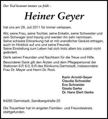 Traueranzeige von Heiner Geyer von Darmstädter Echo, Odenwälder Echo, Rüsselsheimer Echo, Groß-Gerauer-Echo, Ried Echo