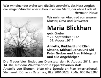 Traueranzeige von Maria Blickhan von Darmstädter Echo, Odenwälder Echo, Rüsselsheimer Echo, Groß-Gerauer-Echo, Ried Echo