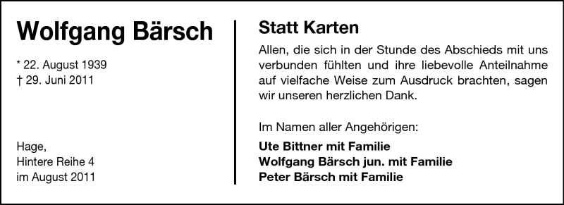  Traueranzeige für Wolfgang Bärsch  vom 06.08.2011 aus Rüsselsheimer Echo, Groß-Gerauer-Echo, Ried Echo