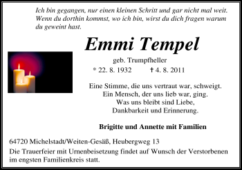 Traueranzeige von Emmi Tempel von Odenwälder Echo