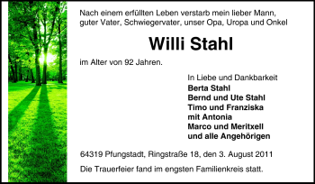 Traueranzeige von Willi Stahl von Echo-Zeitungen (Gesamtausgabe)
