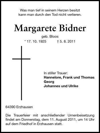 Traueranzeige von Margarete Bidner von Darmstädter Echo, Odenwälder Echo, Rüsselsheimer Echo, Groß-Gerauer-Echo, Ried Echo