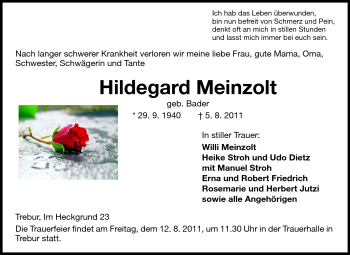 Traueranzeige von Hildegard Meinzolt von Rüsselsheimer Echo, Groß-Gerauer-Echo, Ried Echo
