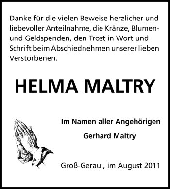 Traueranzeige von Helma Maltry von Rüsselsheimer Echo, Groß-Gerauer-Echo, Ried Echo