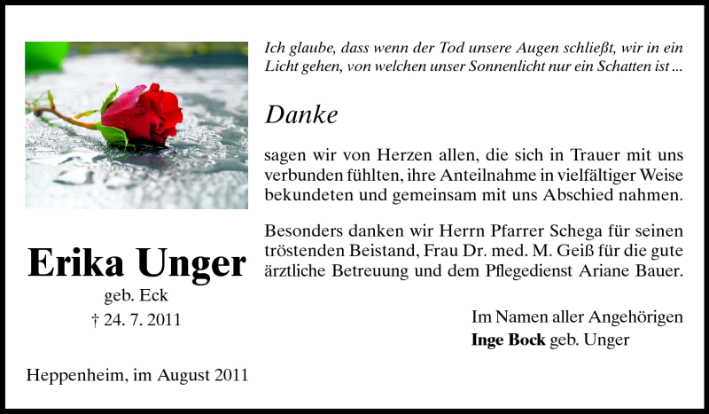  Traueranzeige für Erika Unger vom 13.08.2011 aus Starkenburger Echo