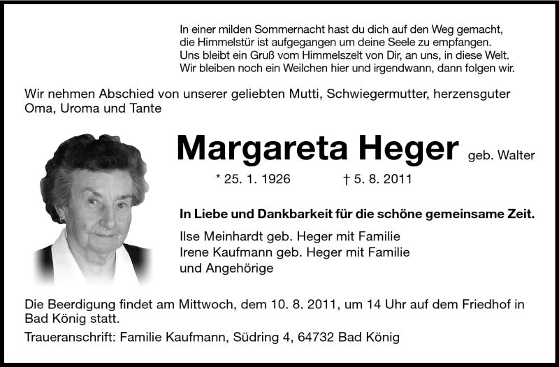  Traueranzeige für Margareta Heger vom 09.08.2011 aus Odenwälder Echo