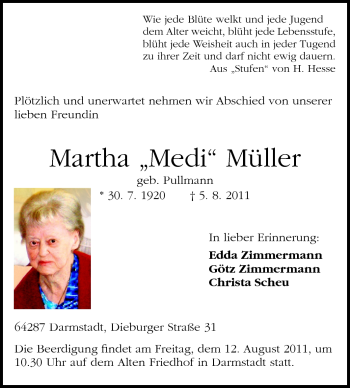 Traueranzeige von Martha Müller von Darmstädter Echo, Odenwälder Echo, Rüsselsheimer Echo, Groß-Gerauer-Echo, Ried Echo
