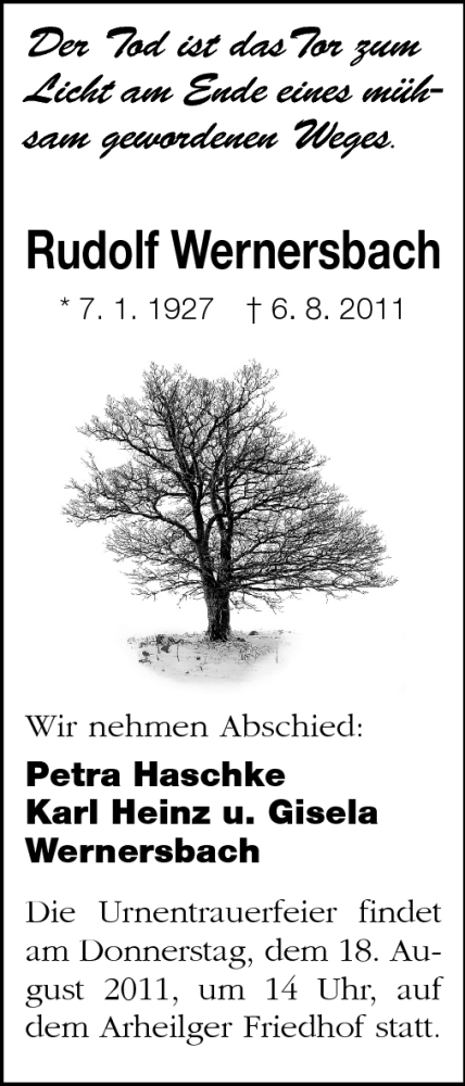  Traueranzeige für Rudolf Wernersbach vom 13.08.2011 aus Darmstädter Echo, Odenwälder Echo, Rüsselsheimer Echo, Groß-Gerauer-Echo, Ried Echo