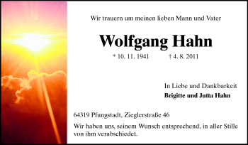 Traueranzeige von Wolfgang Hahn von Echo-Zeitungen (Gesamtausgabe)