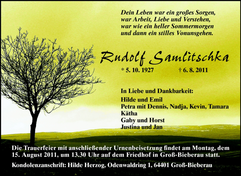  Traueranzeige für Rudolf Samlitschka vom 12.08.2011 aus Echo-Zeitungen (Gesamtausgabe)