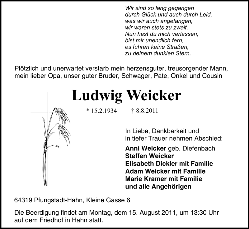  Traueranzeige für Ludwig Weicker vom 12.08.2011 aus Echo-Zeitungen (Gesamtausgabe)