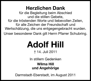 Traueranzeige von Adolf Hill von Echo-Zeitungen (Gesamtausgabe)