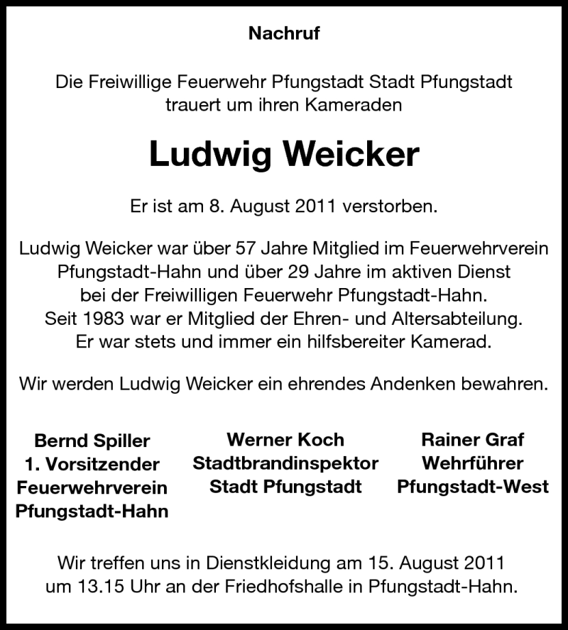  Traueranzeige für Ludwig Weicker vom 13.08.2011 aus Echo-Zeitungen (Gesamtausgabe)