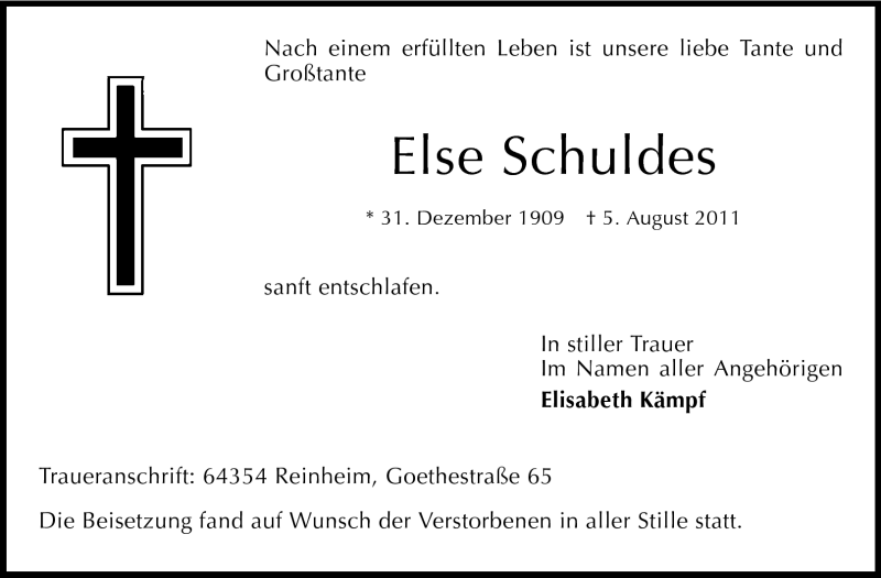  Traueranzeige für Else Schuldes vom 20.08.2011 aus Odenwälder Echo