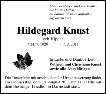 Traueranzeige von Hildegard Knust von Darmstädter Echo, Odenwälder Echo, Rüsselsheimer Echo, Groß-Gerauer-Echo, Ried Echo