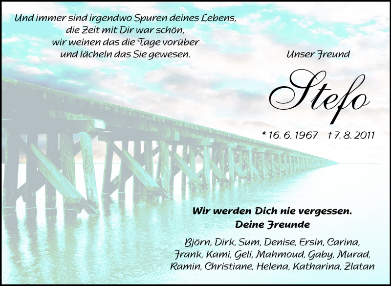  Traueranzeige für Stefano Fabrizi vom 13.08.2011 aus Echo-Zeitungen (Gesamtausgabe)