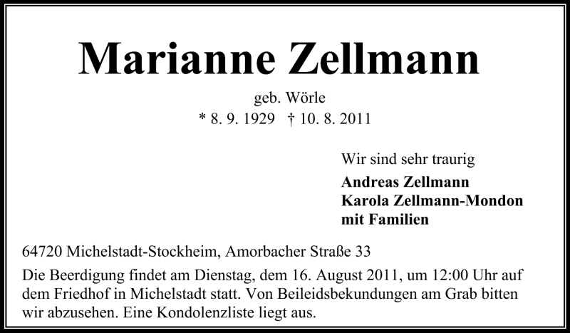  Traueranzeige für Marianne Zellmann vom 12.08.2011 aus Odenwälder Echo