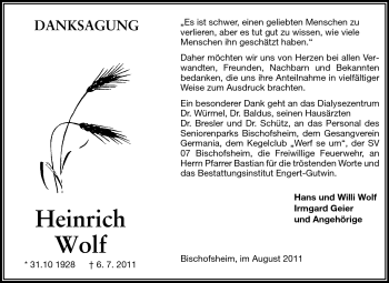 Traueranzeige von Heinrich Wolf  von Rüsselsheimer Echo, Groß-Gerauer-Echo, Ried Echo