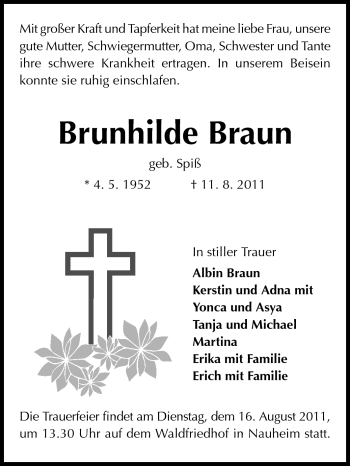 Traueranzeige von Brunhilde Braun von Rüsselsheimer Echo, Groß-Gerauer-Echo, Ried Echo
