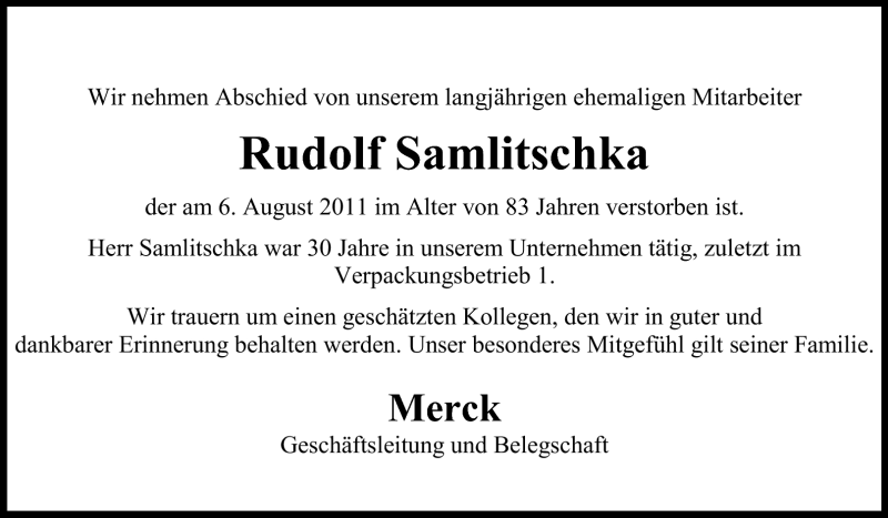 Traueranzeige für Rudolf Samlitschka vom 15.08.2011 aus Echo-Zeitungen (Gesamtausgabe)