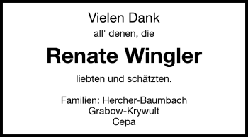 Traueranzeige von Renate Wingler von Darmstädter Echo, Odenwälder Echo, Rüsselsheimer Echo, Groß-Gerauer-Echo, Ried Echo