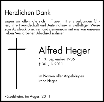 Traueranzeige von Alfred Heger von Rüsselsheimer Echo, Groß-Gerauer-Echo, Ried Echo