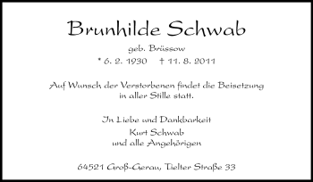 Traueranzeige von Brunhilde Schwab von Rüsselsheimer Echo, Groß-Gerauer-Echo, Ried Echo