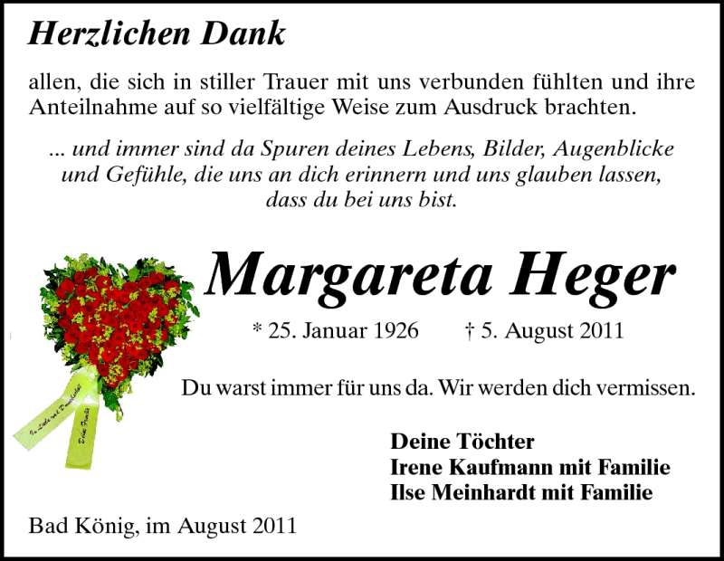  Traueranzeige für Margareta Heger vom 27.08.2011 aus Odenwälder Echo