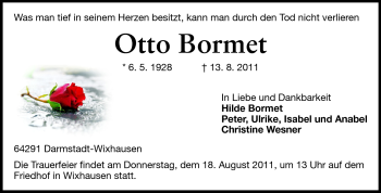 Traueranzeige von Otto Bormet von Darmstädter Echo, Odenwälder Echo, Rüsselsheimer Echo, Groß-Gerauer-Echo, Ried Echo
