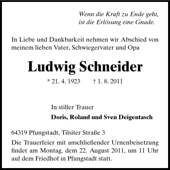 Traueranzeige von Ludwig Schneider von Echo-Zeitungen (Gesamtausgabe)