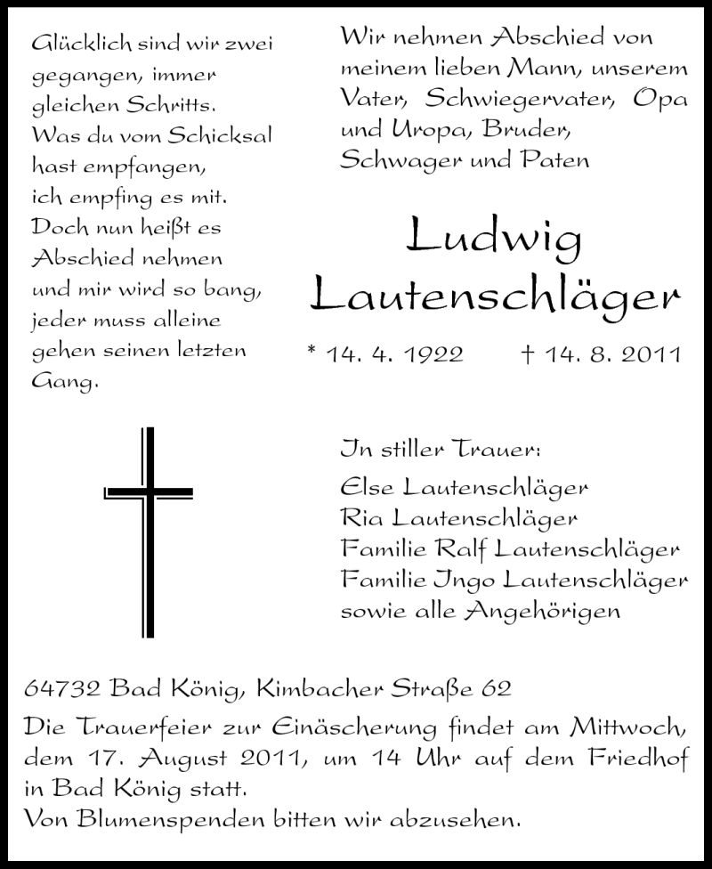 Traueranzeige für Ludwig Lautenschläger vom 16.08.2011 aus Odenwälder Echo