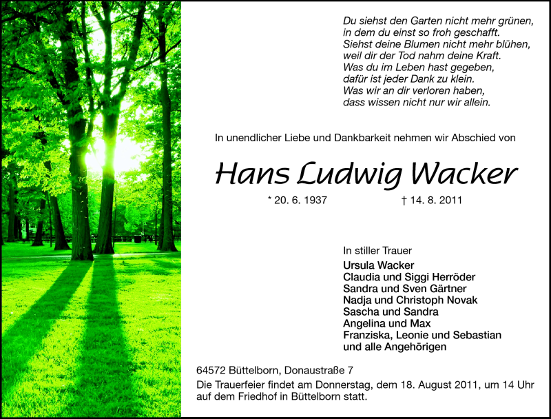  Traueranzeige für Hans Ludwig Wacker vom 16.08.2011 aus Rüsselsheimer Echo, Groß-Gerauer-Echo, Ried Echo
