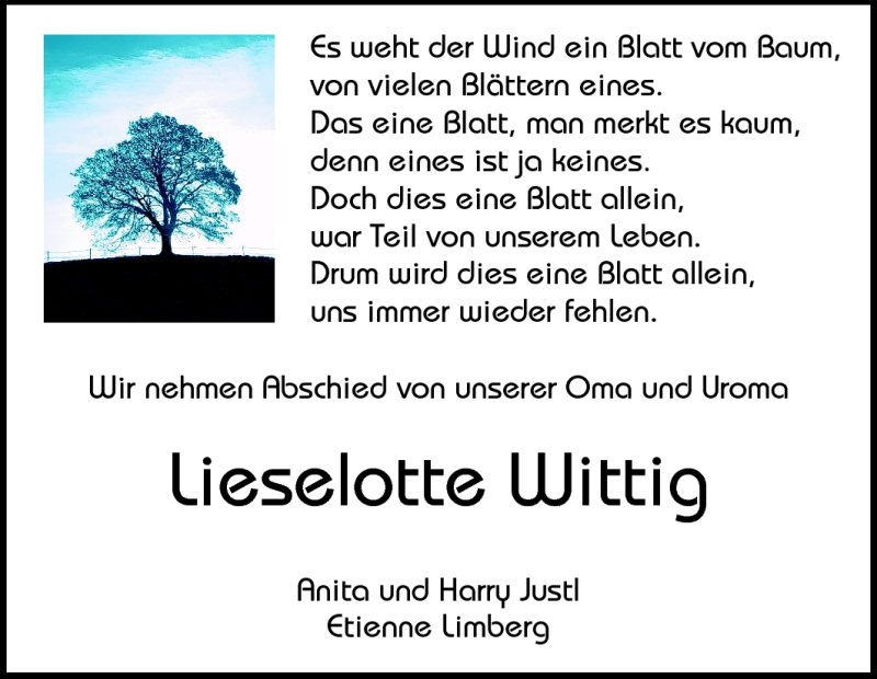  Traueranzeige für Lieselotte Wittig vom 20.08.2011 aus Darmstädter Echo, Odenwälder Echo, Rüsselsheimer Echo, Groß-Gerauer-Echo, Ried Echo
