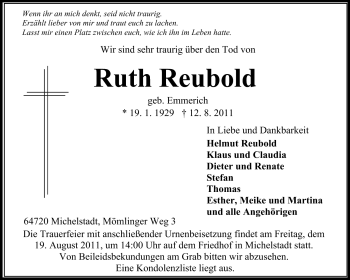 Traueranzeige von Ruth Reubold von Odenwälder Echo