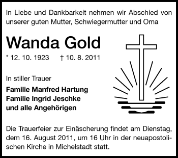 Traueranzeige von Wanda Gold von Odenwälder Echo