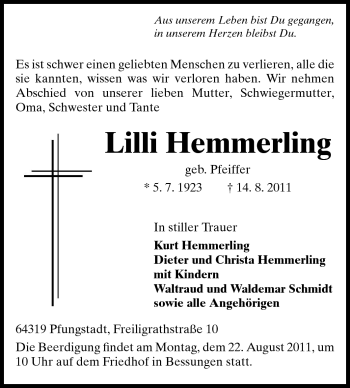 Traueranzeige von Lilli Hemmerling von Echo-Zeitungen (Gesamtausgabe)