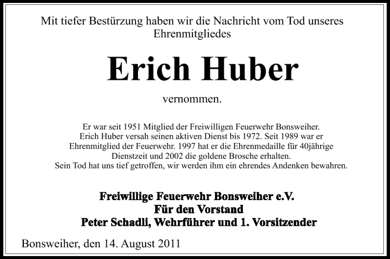  Traueranzeige für Erich Huber vom 17.08.2011 aus Echo-Zeitungen (Gesamtausgabe)