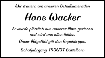 Traueranzeige von Hans Ludwig Wacker von Rüsselsheimer Echo, Groß-Gerauer-Echo, Ried Echo