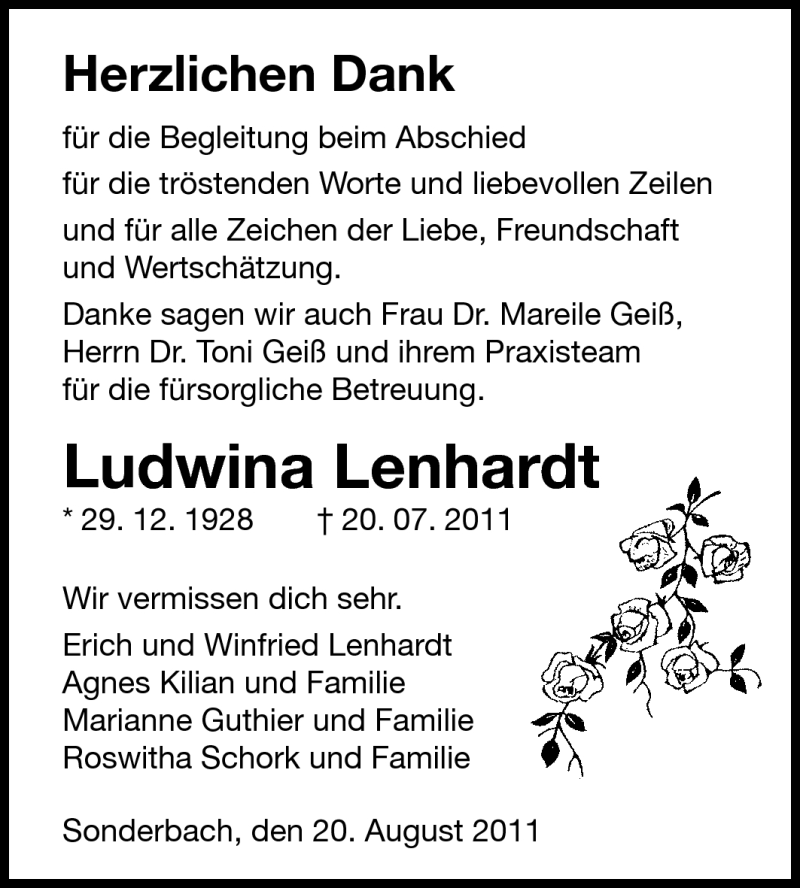  Traueranzeige für Ludwina Lenhardt vom 20.08.2011 aus Starkenburger Echo