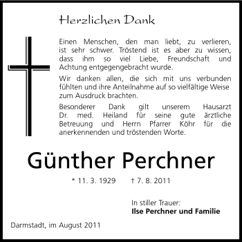 Traueranzeige von Günther Perchner von Darmstädter Echo, Odenwälder Echo, Rüsselsheimer Echo, Groß-Gerauer-Echo, Ried Echo