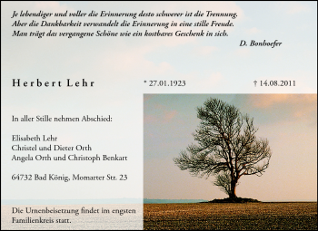 Traueranzeige von Herbert Lehr von Odenwälder Echo