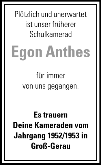 Traueranzeige von Egon Anthes von Rüsselsheimer Echo, Groß-Gerauer-Echo, Ried Echo