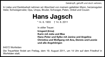 Traueranzeige von Hans Jagsch von Darmstädter Echo, Odenwälder Echo, Rüsselsheimer Echo, Groß-Gerauer-Echo, Ried Echo